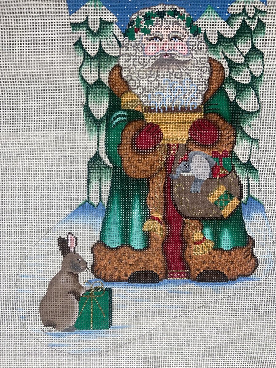 New Vintage AMANDA LAWFORD Handpainted Needlepoint Stocking Canvas Holiday Embroidery Old World Santa Claus Trees Rabbit