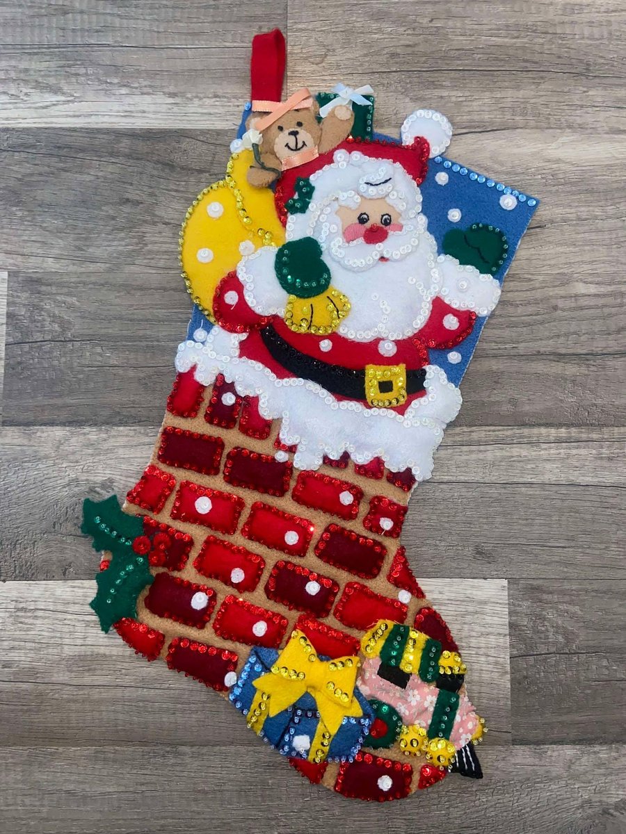 Christmas Stocking Handmade Bucilla SANTA DOWN The CHIMNEY Finished Bucilla Kit Festive Holiday Fireplace Mantle Wall Door Decoration
