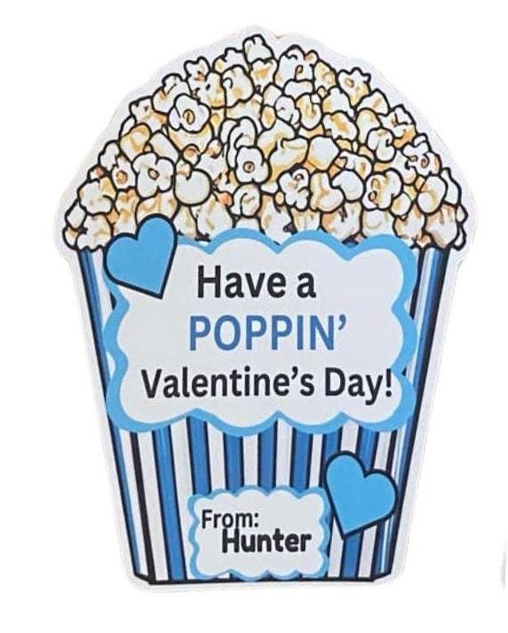 Kids Valentines Stickers | Personalized W/ Name | Popcorn Valentine Labels | SET of 6+ | Gifts for Kids | Popcorn Bag Stickers