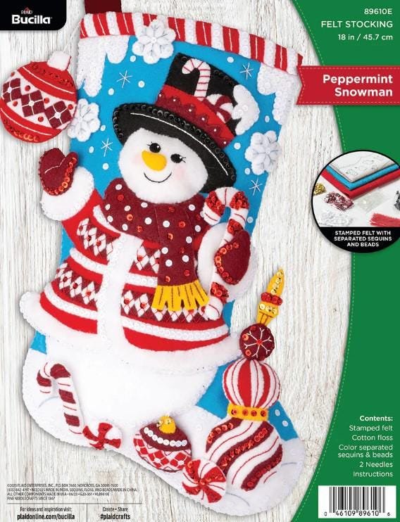 NEW Bucilla Christmas Stockings Handmade PEPPERMINT SNOWMAN 89610E Embroidered Stocking Christmas Gift Fireplace Mantle Wall Door Decoration