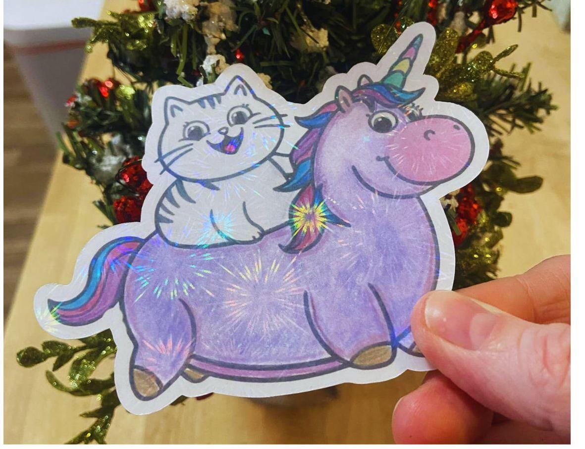 HOLOGRAM Sticker | Large Cat Sticker | Funny Cat Riding Round Unicorn Sticker | Silly Stickers | Hand Colored Sticker