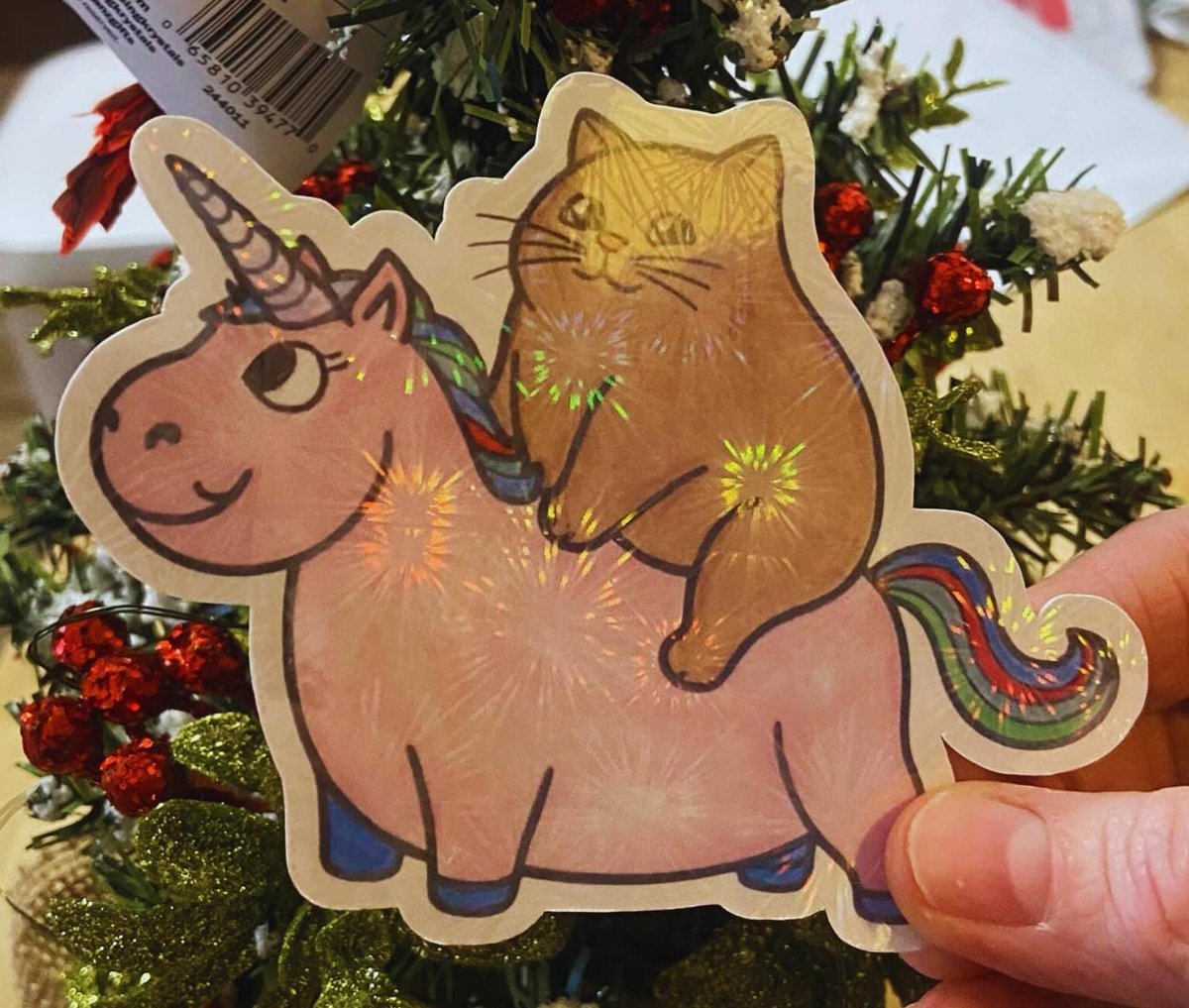 Unicorn & Cat Sticker | Cute Funny Cat Sticker | Hologram Cute Unicorn Stickers | Hand Colored Sticker | Cat Riding Round Unicorn Sticker