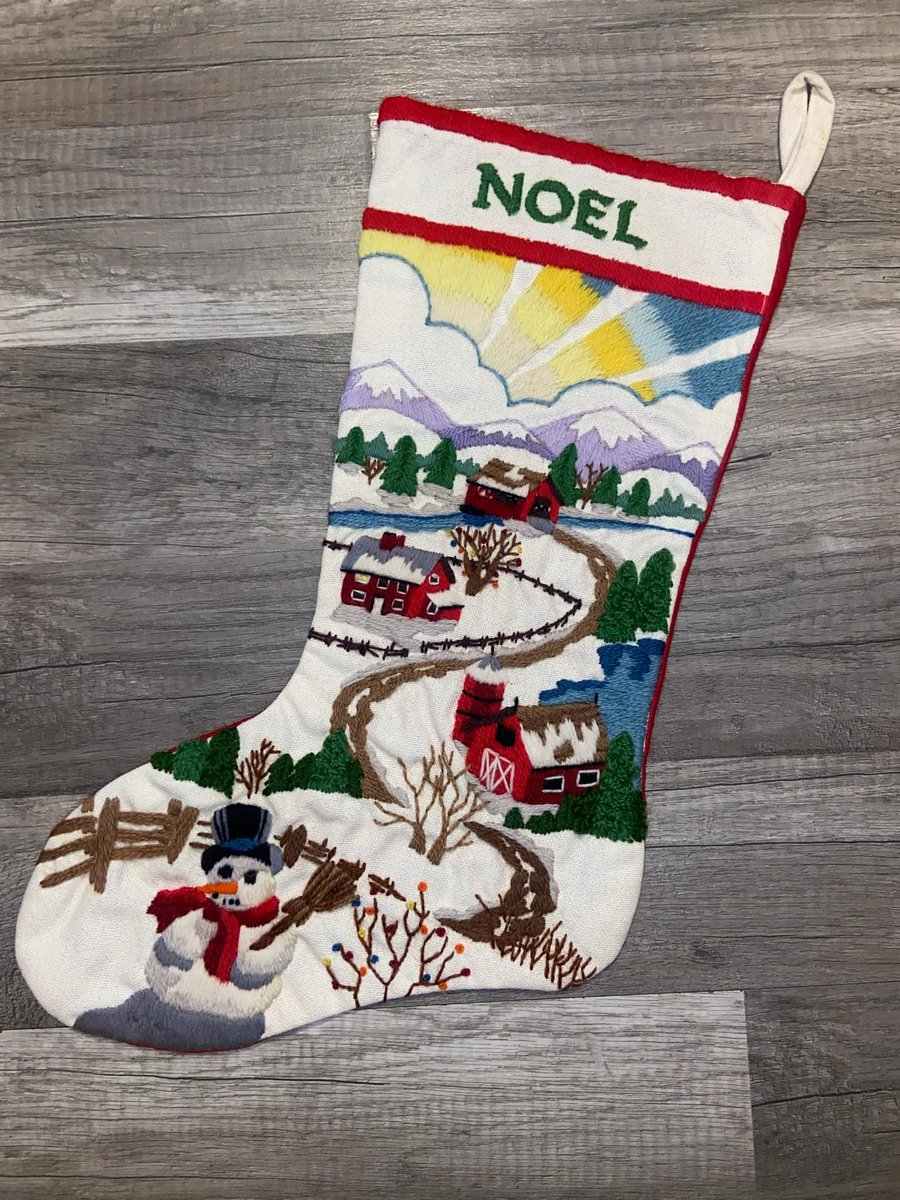 Christmas Stocking SUNSET 1978 Vintage Crewel Needlepoint Snowman at Dawn Barbara Jennings Holiday Decor