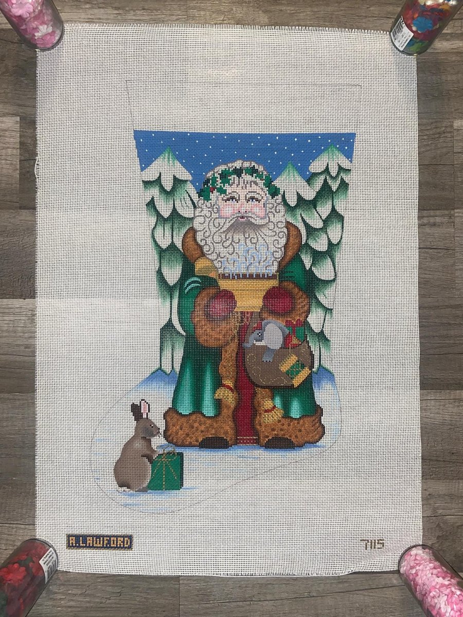 New Vintage AMANDA LAWFORD Handpainted Needlepoint Stocking Canvas Holiday Embroidery Old World Santa Claus Trees Rabbit