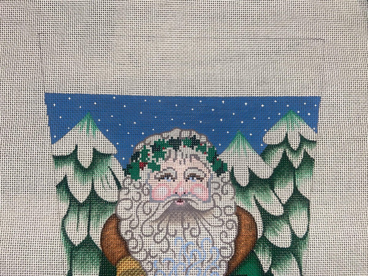 New Vintage AMANDA LAWFORD Handpainted Needlepoint Stocking Canvas Holiday Embroidery Old World Santa Claus Trees Rabbit