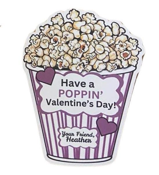 Kids Valentines Stickers | Personalized W/ Name | Popcorn Valentine Labels | SET of 6+ | Gifts for Kids | Popcorn Bag Stickers