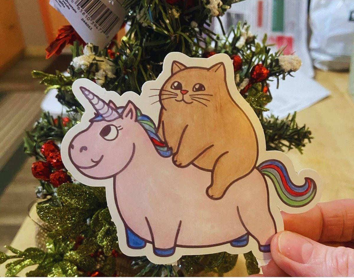 Glossy Unicorn Sticker | Cute Funny Cat Sticker | Laptop Car Unicorn Stickers | Hand Colored Sticker | Cat Riding Round Unicorn Sticker