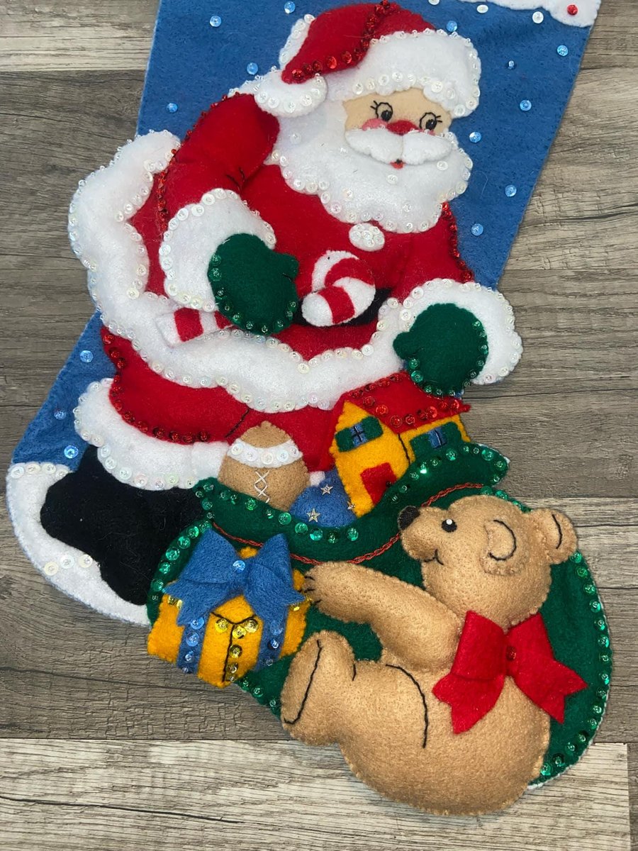 Christmas Stocking New Handmade Vintage ORIGINAL BUCILLA 2003 Santa & Playful Bear Felt Holiday Stocking
