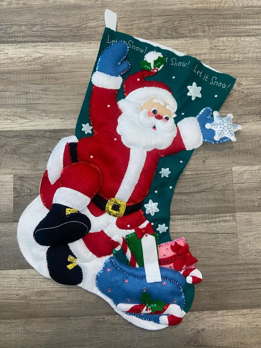 Christmas Stocking JUMBO Jolly Santa Handmade Christmas Stocking From Kit #84380 Vintage Christmas Decor Santa Claus Retro