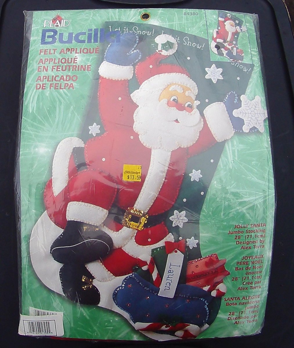 Christmas Stocking JUMBO Jolly Santa Handmade Christmas Stocking From Kit #84380 Vintage Christmas Decor Santa Claus Retro