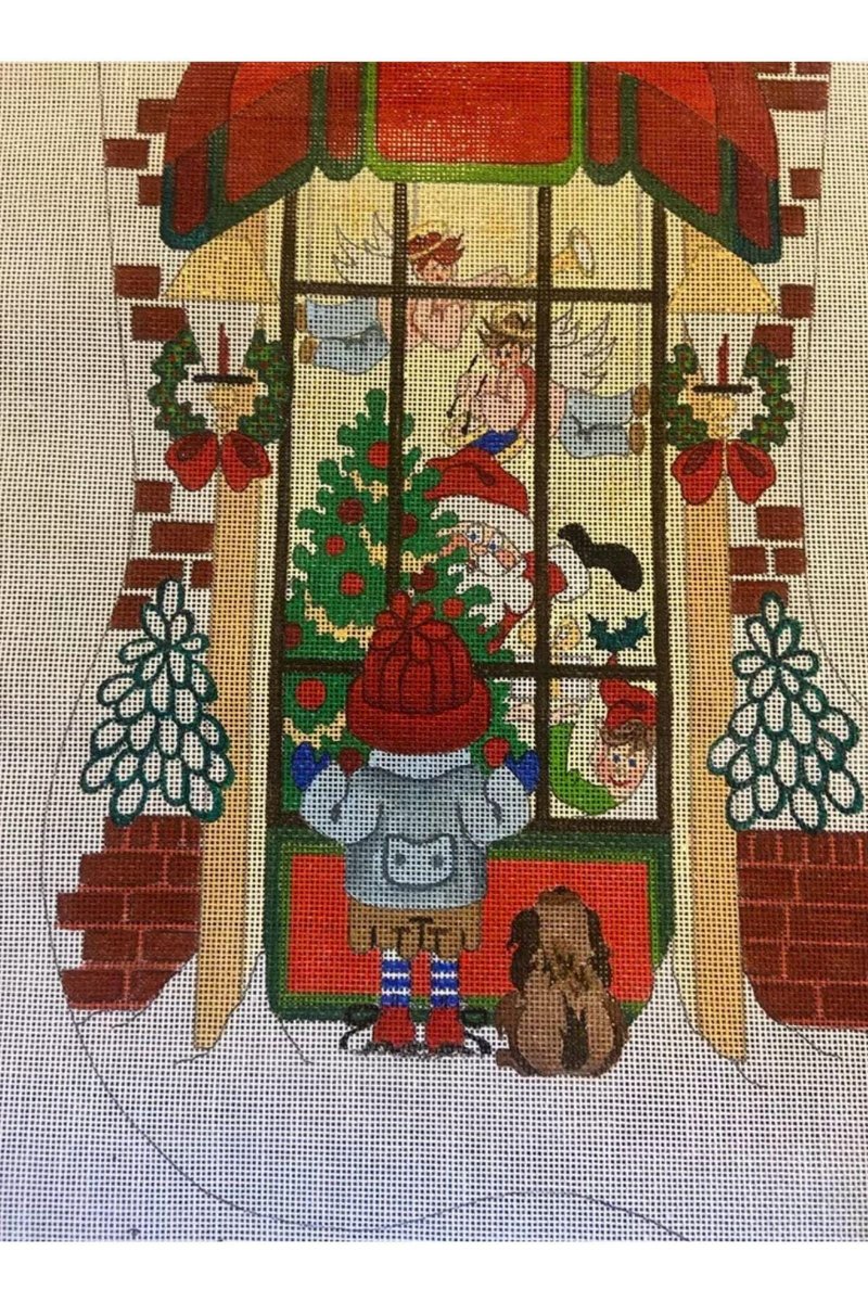New Christmas Stocking Canvas Vintage STRICTLY CHRISTMAS Boy in Window Handpainted Holiday Stocking