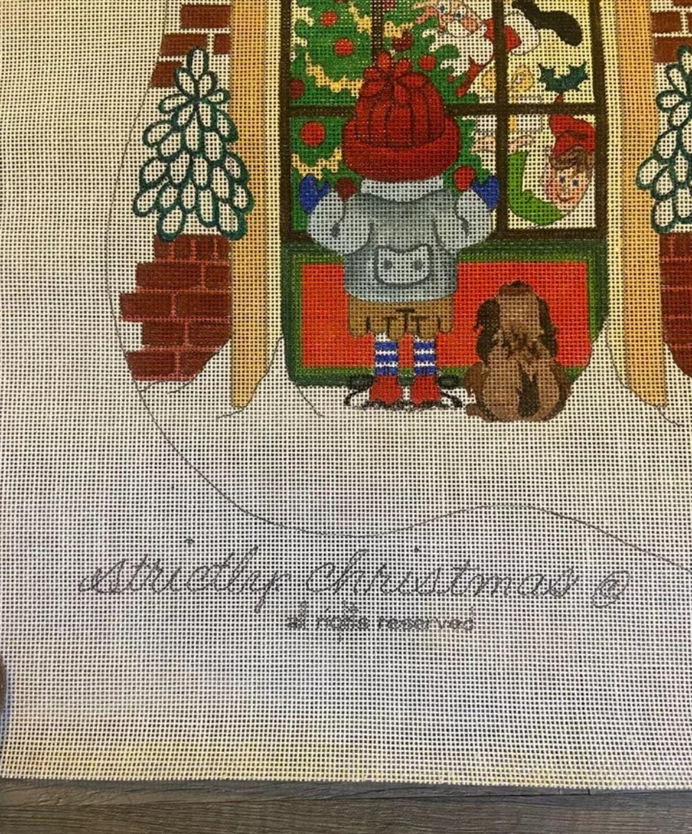 New Christmas Stocking Canvas Vintage STRICTLY CHRISTMAS Boy in Window Handpainted Holiday Stocking