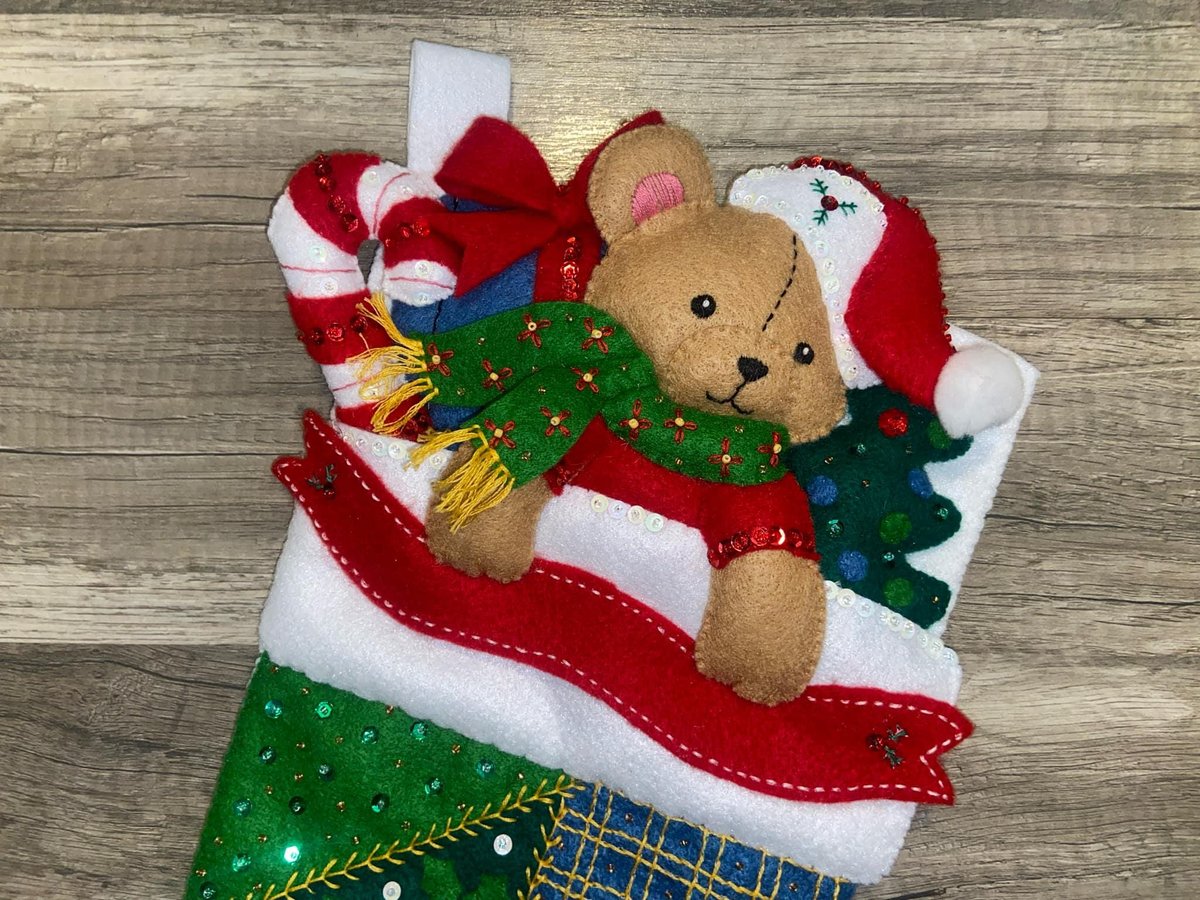New Christmas Stocking, Finished BUCILLA Kit, Handmade PATCHWORK TEDDY, Bear Holiday Stockings #83657 Stockings with Name