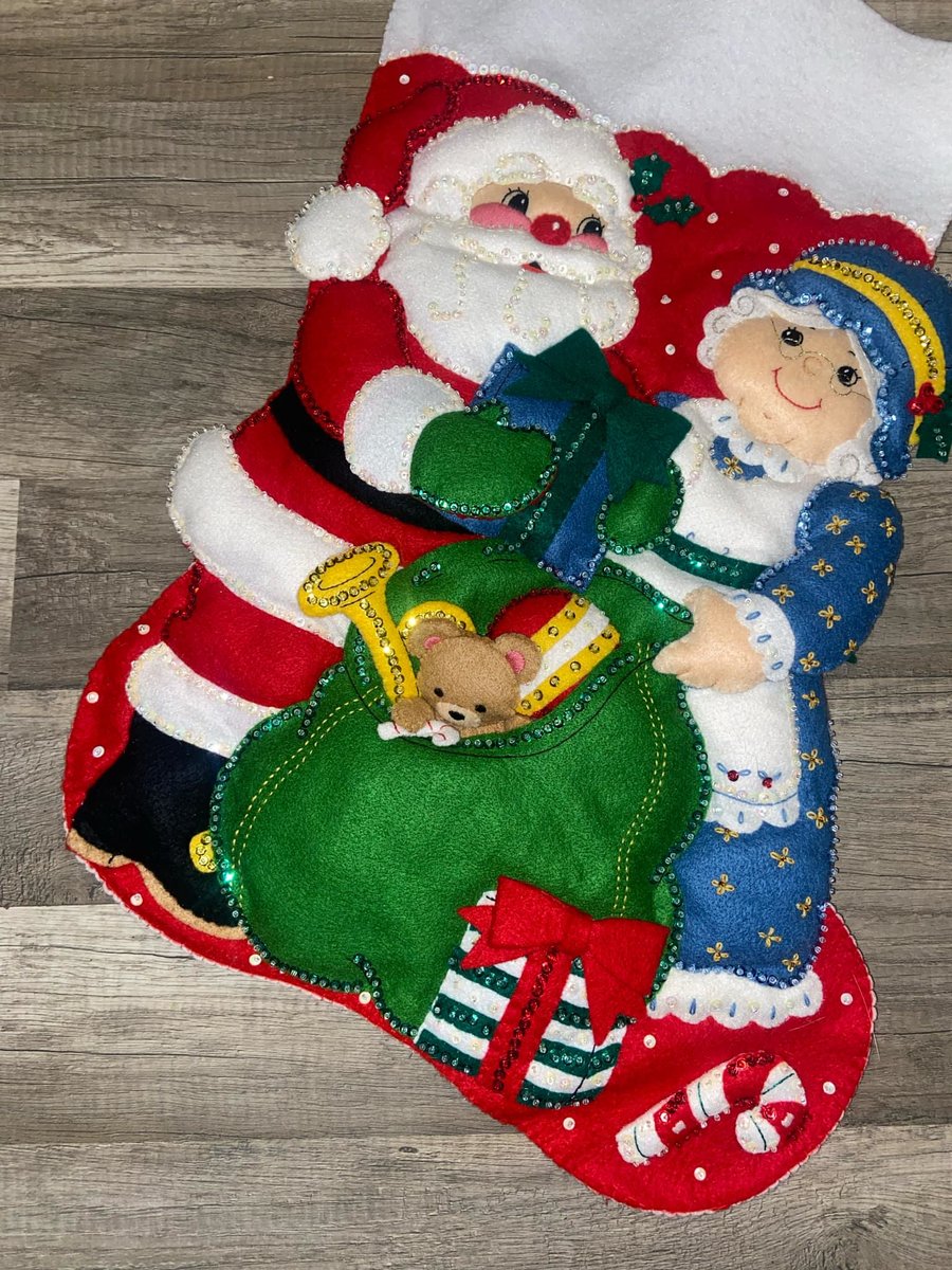 NEW Christmas Stocking JUMBO BUCILLA Mr & Mrs Santa Claus Handmade From Vintage 1996 Kit #83399 Vintage Christmas Decor Retro