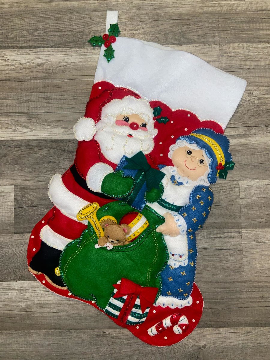NEW Christmas Stocking JUMBO BUCILLA Mr & Mrs Santa Claus Handmade From Vintage 1996 Kit #83399 Vintage Christmas Decor Retro