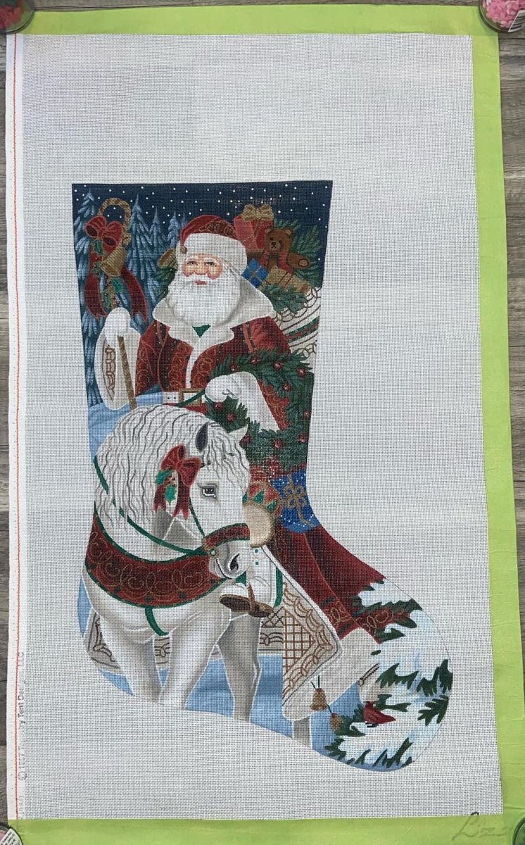 Christmas Stocking New Rare Susan Roberts Handpainted SANTA on HORSEBACK Needlepoint Canvas Tapestry Tent AXS312 Liz Goodrich Dillon