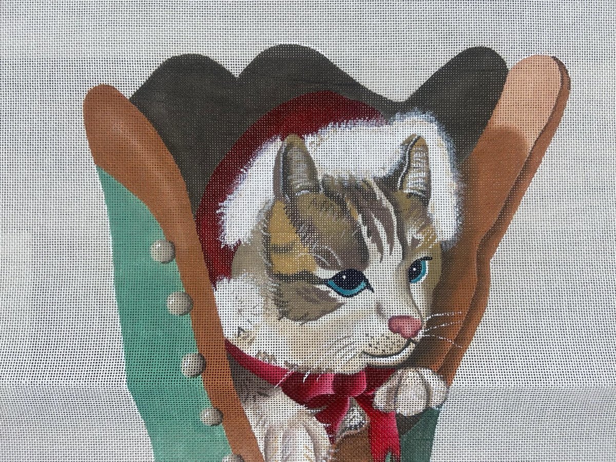 Vintage Susan Roberts Christmas Stocking New Handpainted CAT Needlepoint Canvas C-114 Holiday Stockings