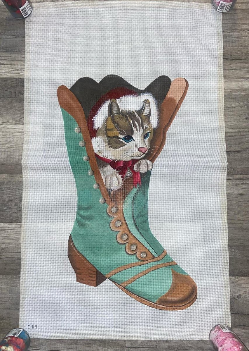 Vintage Susan Roberts Christmas Stocking New Handpainted CAT Needlepoint Canvas C-114 Holiday Stockings