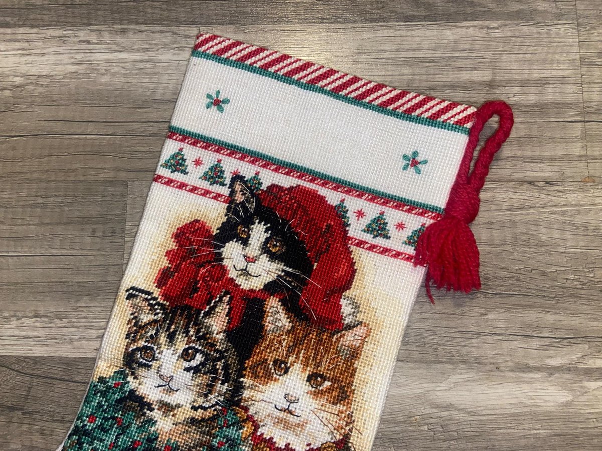 Handmade Christmas Stocking, Vintage FINISHED DIMENSIONS Decorated Kitties Stocking, Handmade Counted Cross Stitch Cats Holiday Stocking
