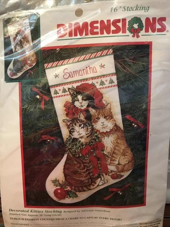 Handmade Christmas Stocking, Vintage FINISHED DIMENSIONS Decorated Kitties Stocking, Handmade Counted Cross Stitch Cats Holiday Stocking