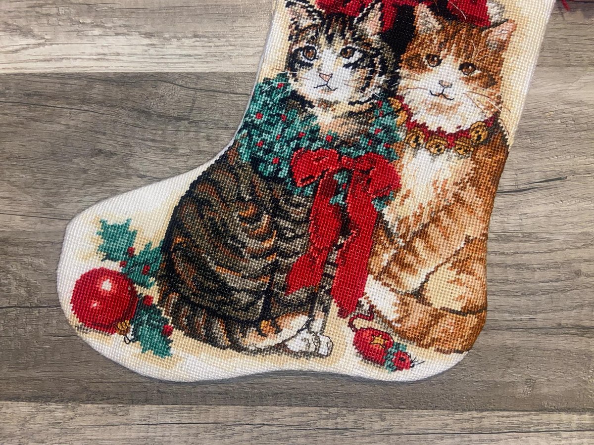 Handmade Christmas Stocking, Vintage FINISHED DIMENSIONS Decorated Kitties Stocking, Handmade Counted Cross Stitch Cats Holiday Stocking