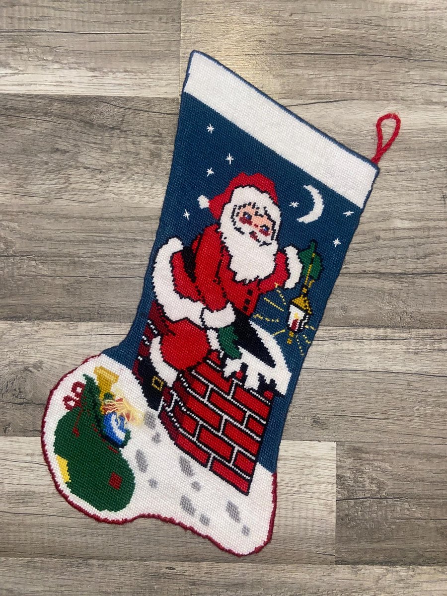 Vintage Christmas Stocking | Bucilla 60522 Finished Kit | Needlepoint Holiday Stockings | Completed 1980's Stocking