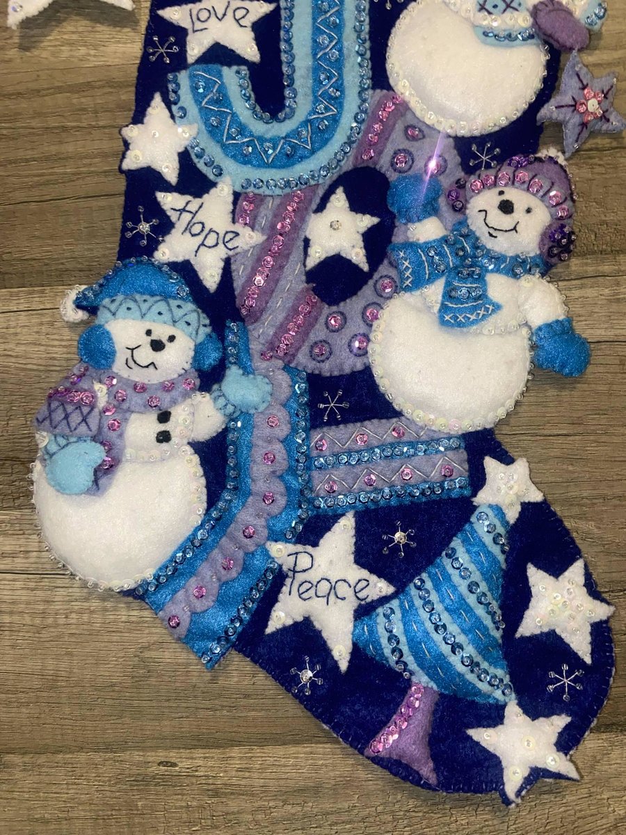 Embroidered Christmas Stocking | Finished BUCILLA Kit | Joy Snowmen Christmas Stocking | #86328 Snowman Stocking | Maria Stanziani