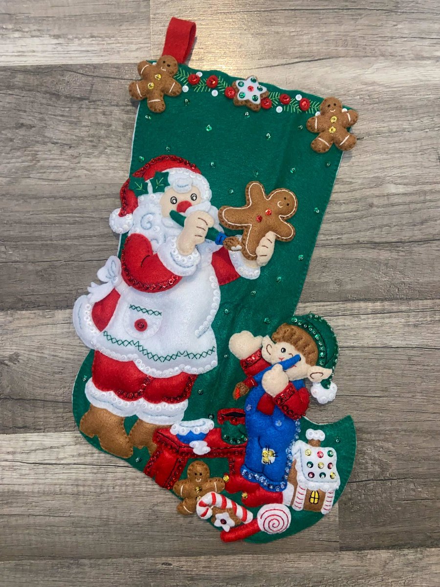 Christmas Stocking FINISHED Bucilla Gingerbread Santa From Kit #86442 Elf Cookies Candy Toys Handmade Hand Sewn Felt Stocking!