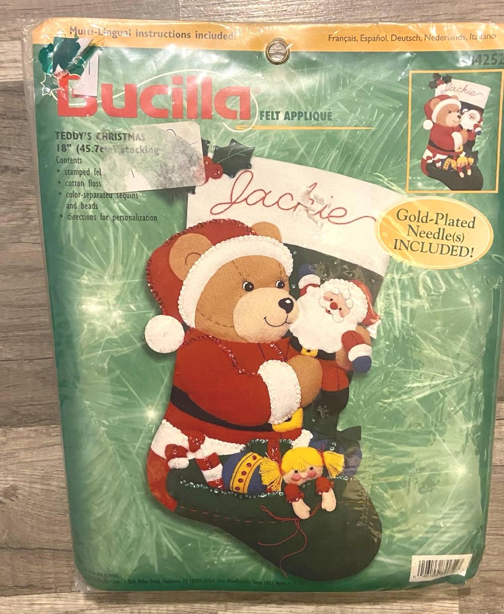 KIT Christmas Stocking HANDMADE Bucilla Teddy's Christmas Felt Stocking From Kit #84252 Vintage Christmas Decor Santa Claus Retro