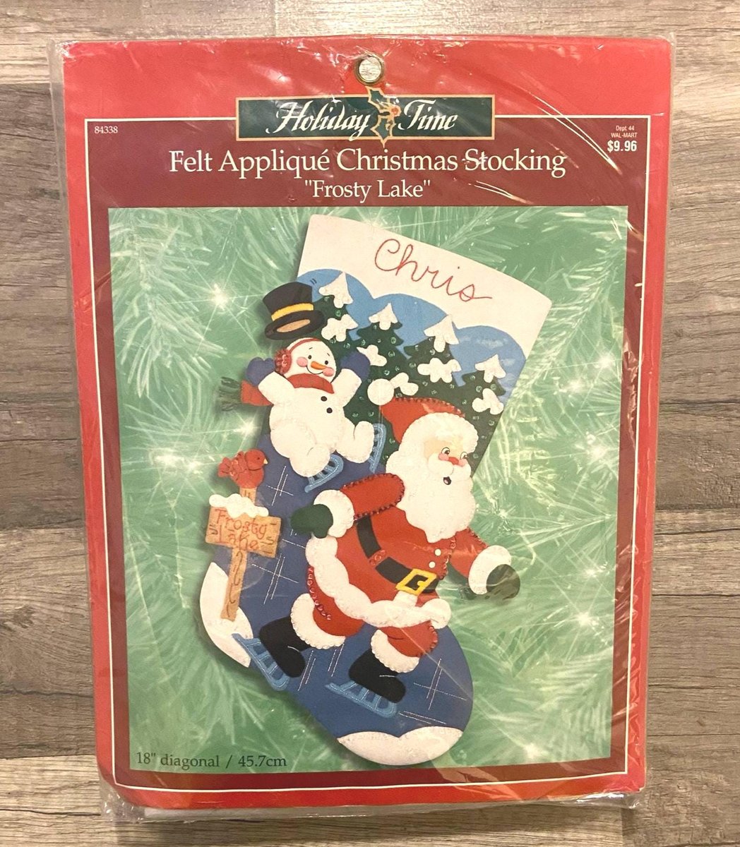 New Vintage Bucilla Frosty Lake Christmas Stocking Kit #84338 Circa - 2000 - Makes 18in Felt Stocking! Santa, Snowman, Ice-skating!