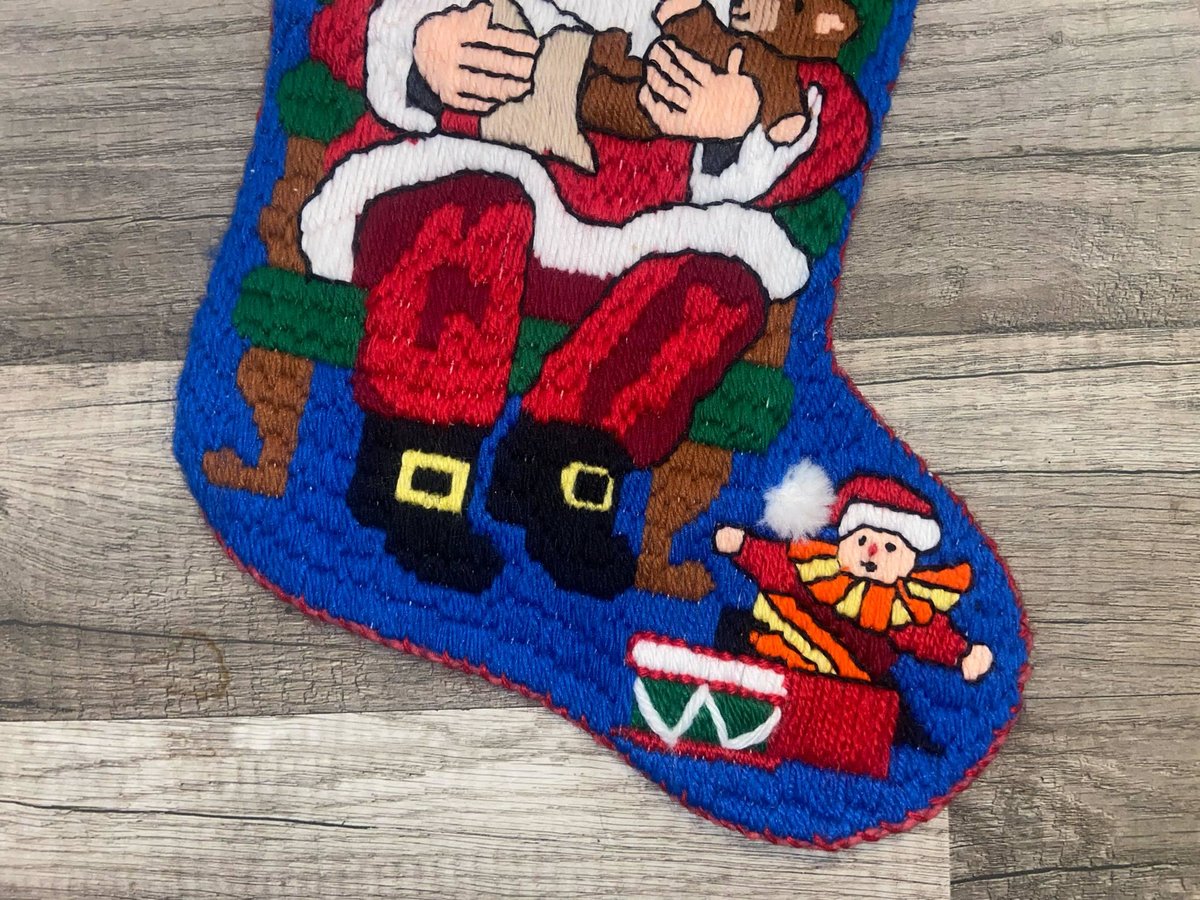 RARE Longstitch Christmas Stocking | Vintage 1980's FINISHED Bucilla Holiday Stocking | Santa W/ Bear Needlepoint Holiday Stocking