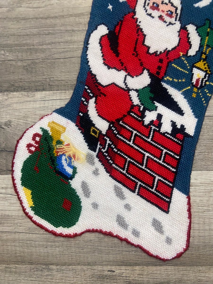 Vintage Christmas Stocking | Bucilla 60522 Finished Kit | Needlepoint Holiday Stockings | Completed 1980's Stocking