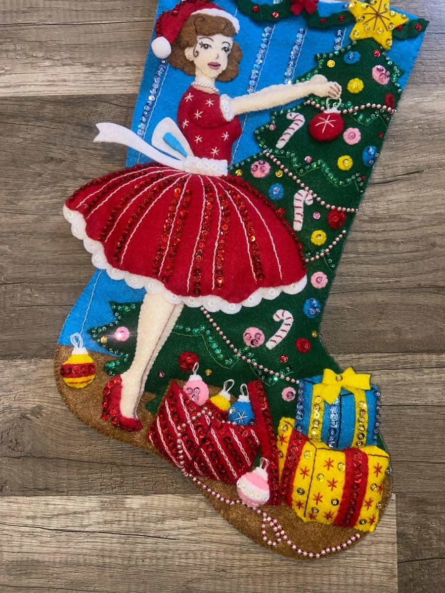 Family Christmas Stocking, FINISHED Bucilla Kit, Handmade Vintage Christmas Lady 89457E, Holiday Decor, Wall Decor, Personalized Stocking