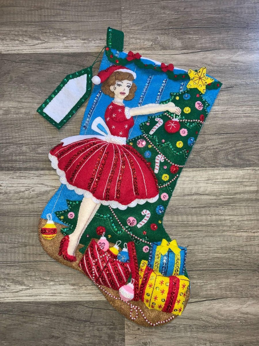 Family Christmas Stocking, FINISHED Bucilla Kit, Handmade Vintage Christmas Lady 89457E, Holiday Decor, Wall Decor, Personalized Stocking