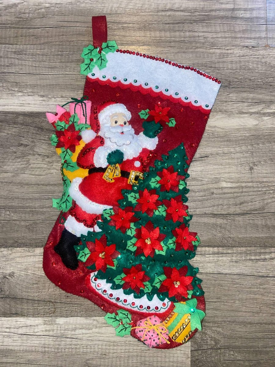 Personalized Christmas Stocking | Hand Embroidered Stocking | Bucilla Poinsettia Santa | Custom Name Stocking | Stockings With Name