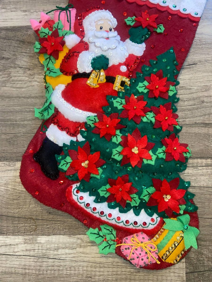 Personalized Christmas Stocking | Hand Embroidered Stocking | Bucilla Poinsettia Santa | Custom Name Stocking | Stockings With Name