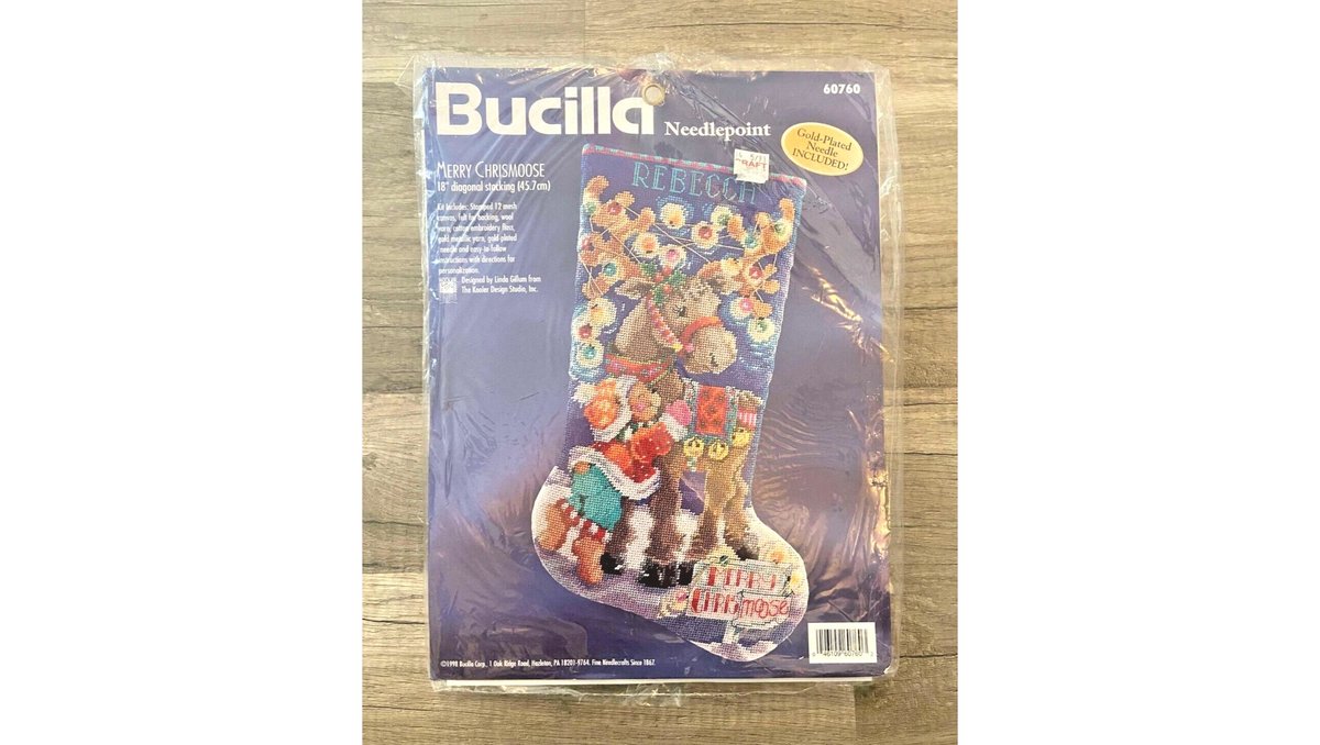 New Vintage BUCILLA MERRY CHRISMOOSE Needlepoint Christmas Stocking Kit 60760 - Circa 1998 - Holiday Stocking Embroidery