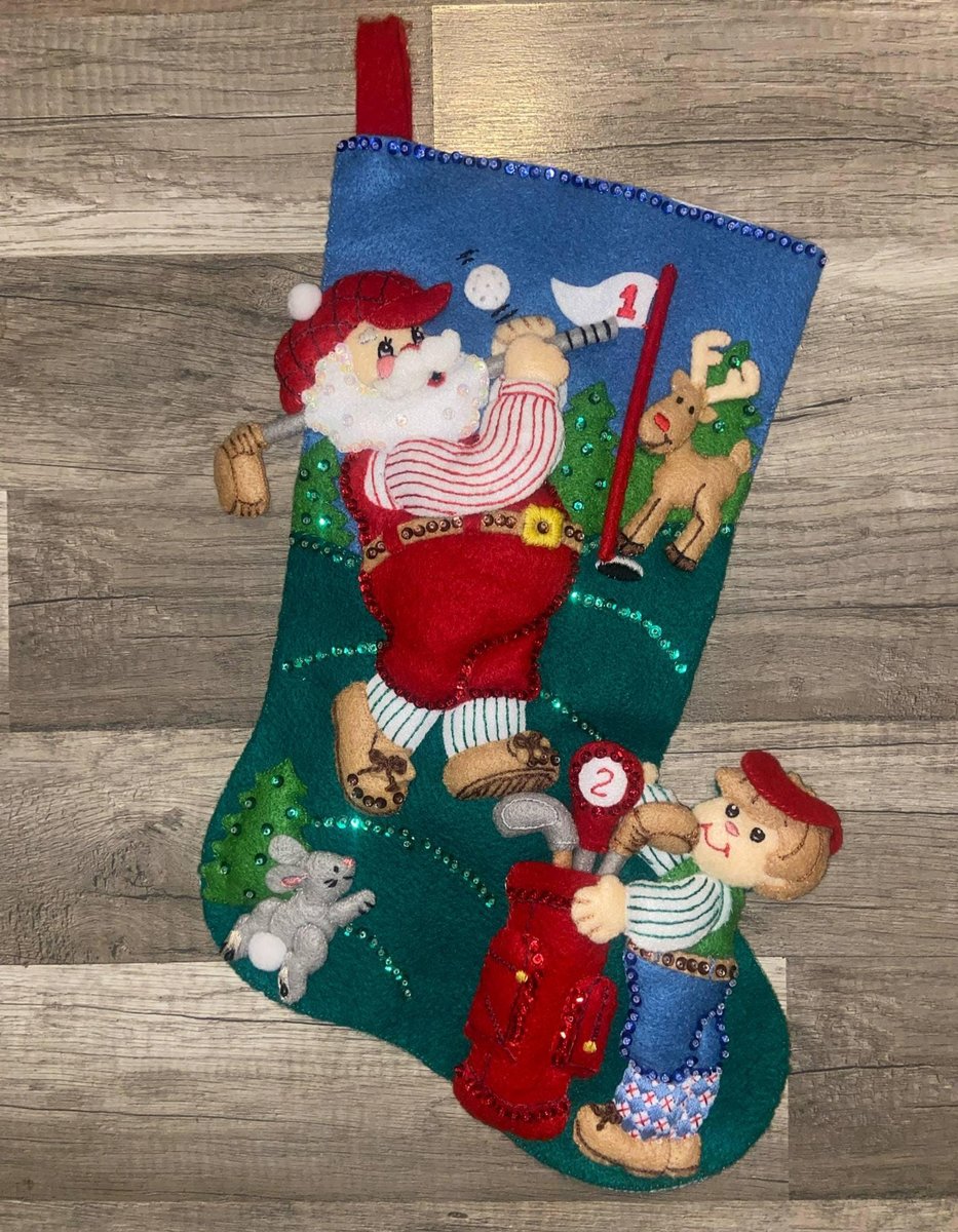 Family Christmas Stocking, FINISHED Bucilla Kit, Handmade Vintage Santa Golfing Stocking Holiday Stocking, Wall Decor, Personalized Stocking
