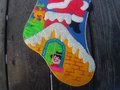 RARE Christmas Stocking Handmade JUMBO 1970's Vintage Bucilla Rooftop Visitor Santa Claus Embroidered STocking