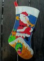 RARE Christmas Stocking Handmade JUMBO 1970's Vintage Bucilla Rooftop Visitor Santa Claus Embroidered STocking