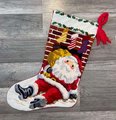 Finished 1970's Vintage Christmas Stocking SUNSET Needlepoint Santa Claus "Santa's Here" Crewel Holiday Decor