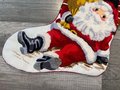 Finished 1970's Vintage Christmas Stocking SUNSET Needlepoint Santa Claus "Santa's Here" Crewel Holiday Decor