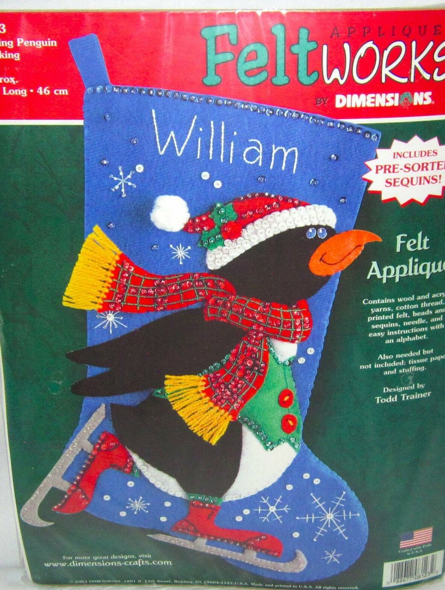SKATING PENGUIN FINISHED Christmas Stocking Dimensions Feltworks From Kit 8123 Snow Ice Birds Applique Felt Completed!