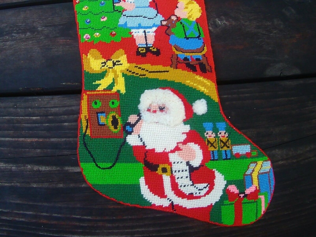 Christmas Stocking 1970's FINISHED Bucilla 60521 Painted Needlepoint Santa  Handmade Felt Santa Claus Kids Tree Toys Phone