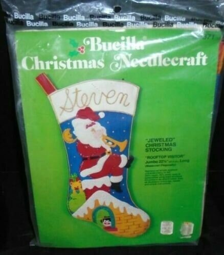 RARE Christmas Stocking Handmade JUMBO 1970's Vintage Bucilla Rooftop Visitor Santa Claus Embroidered STocking