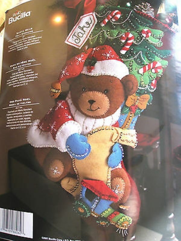 Teddy Bear Christmas Stocking,  Bucilla Santa Bear Finished Embroidered Stocking, Traditional Stockings, Personalized Stockings