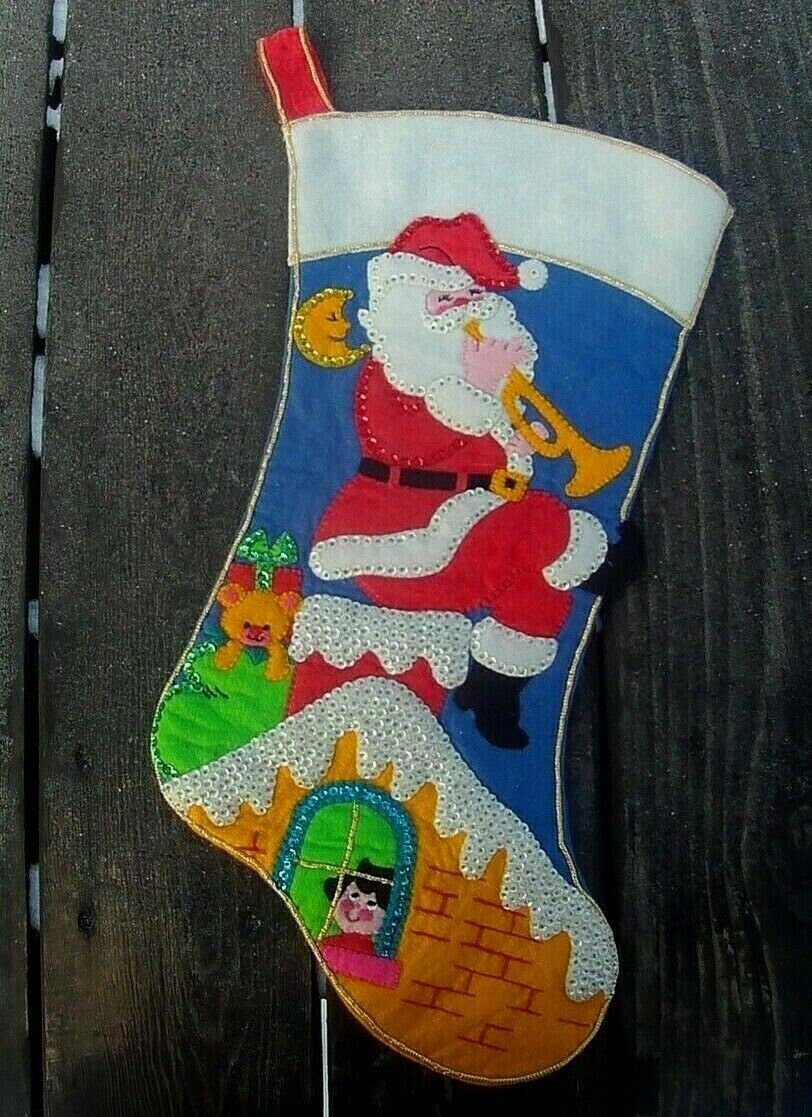 RARE Christmas Stocking Handmade JUMBO 1970's Vintage Bucilla Rooftop Visitor Santa Claus Embroidered STocking