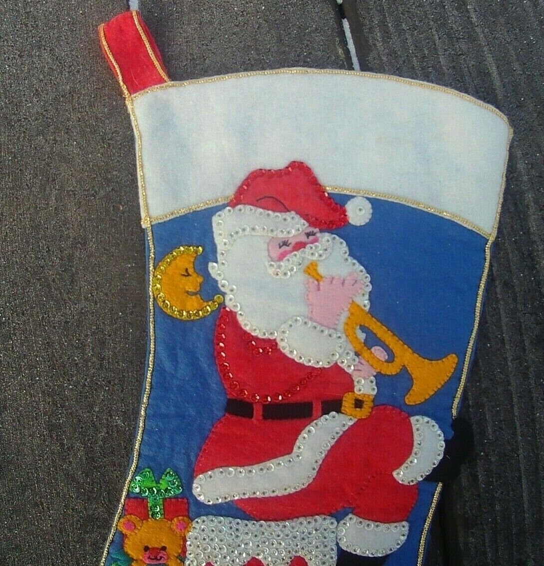 RARE Christmas Stocking Handmade JUMBO 1970's Vintage Bucilla Rooftop Visitor Santa Claus Embroidered STocking
