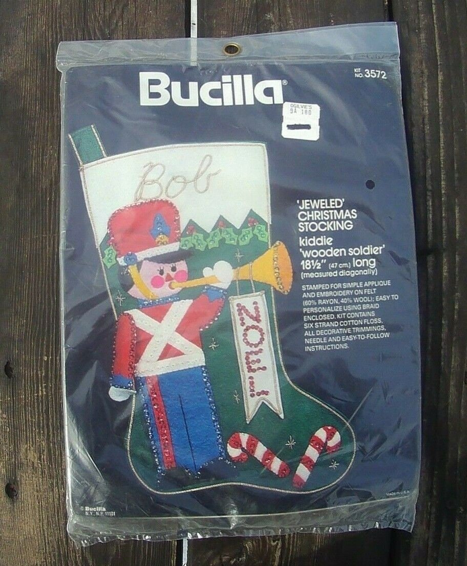Vintage Bucilla Kit #3572 Wooden Soldier Felt Christmas Stocking Kit Noel Holiday Decor, Jeweled, Sequins, Beads, Retro Christmas