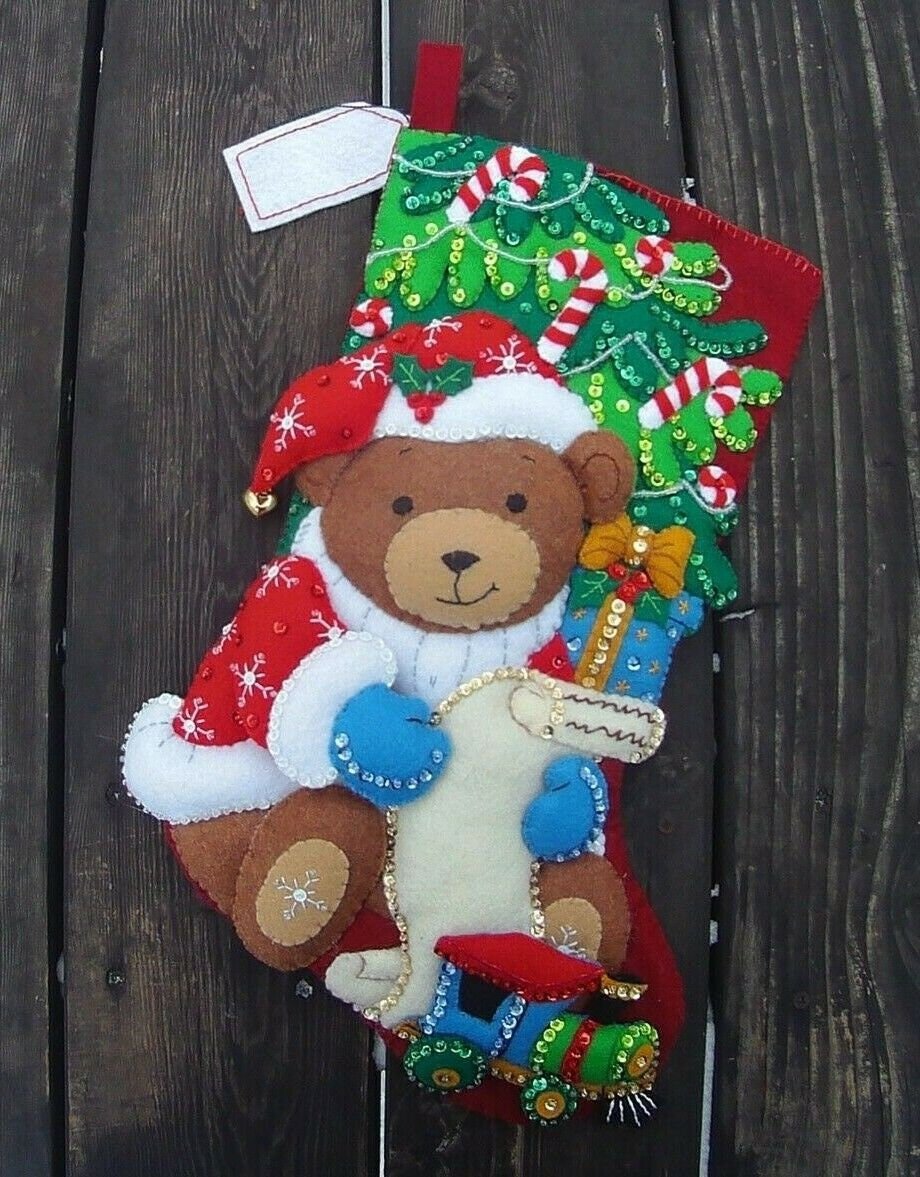 Teddy Bear Christmas Stocking,  Bucilla Santa Bear Finished Embroidered Stocking, Traditional Stockings, Personalized Stockings